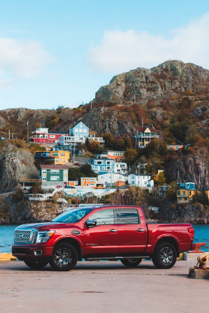 parked red pickup